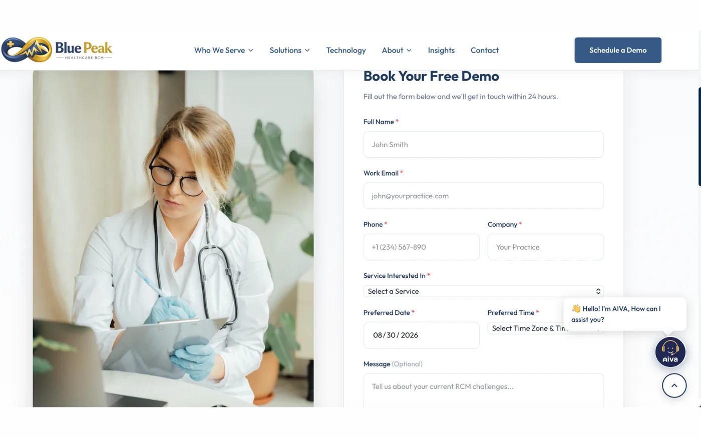 The &lsquo;Book Your Free Demo&rsquo; form: full name, work email, phone, company, a service selector, preferred date, a combined time-zone-and-time selector, and an optional message field, with AIVA open at the lower right.