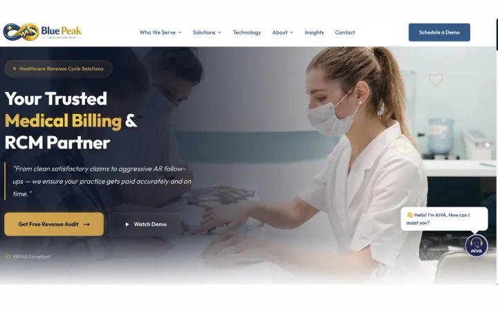 The Blue Peak homepage: navigation across Who We Serve, Solutions, Technology, About, Insights and Contact, the headline &lsquo;Your Trusted Medical Billing & RCM Partner&rsquo;, calls to action for a free revenue audit and a demo, a HIPAA Compliant badge, and the AIVA assistant greeting from the lower right.