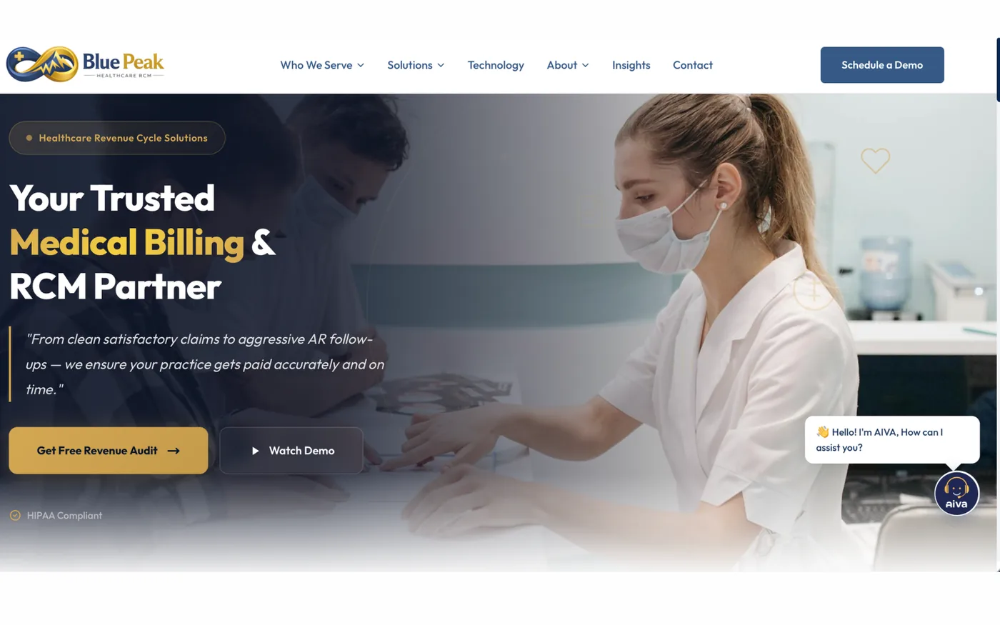 The Blue Peak homepage: navigation across Who We Serve, Solutions, Technology, About, Insights and Contact, the headline &lsquo;Your Trusted Medical Billing & RCM Partner&rsquo;, calls to action for a free revenue audit and a demo, a HIPAA Compliant badge, and the AIVA assistant greeting from the lower right.