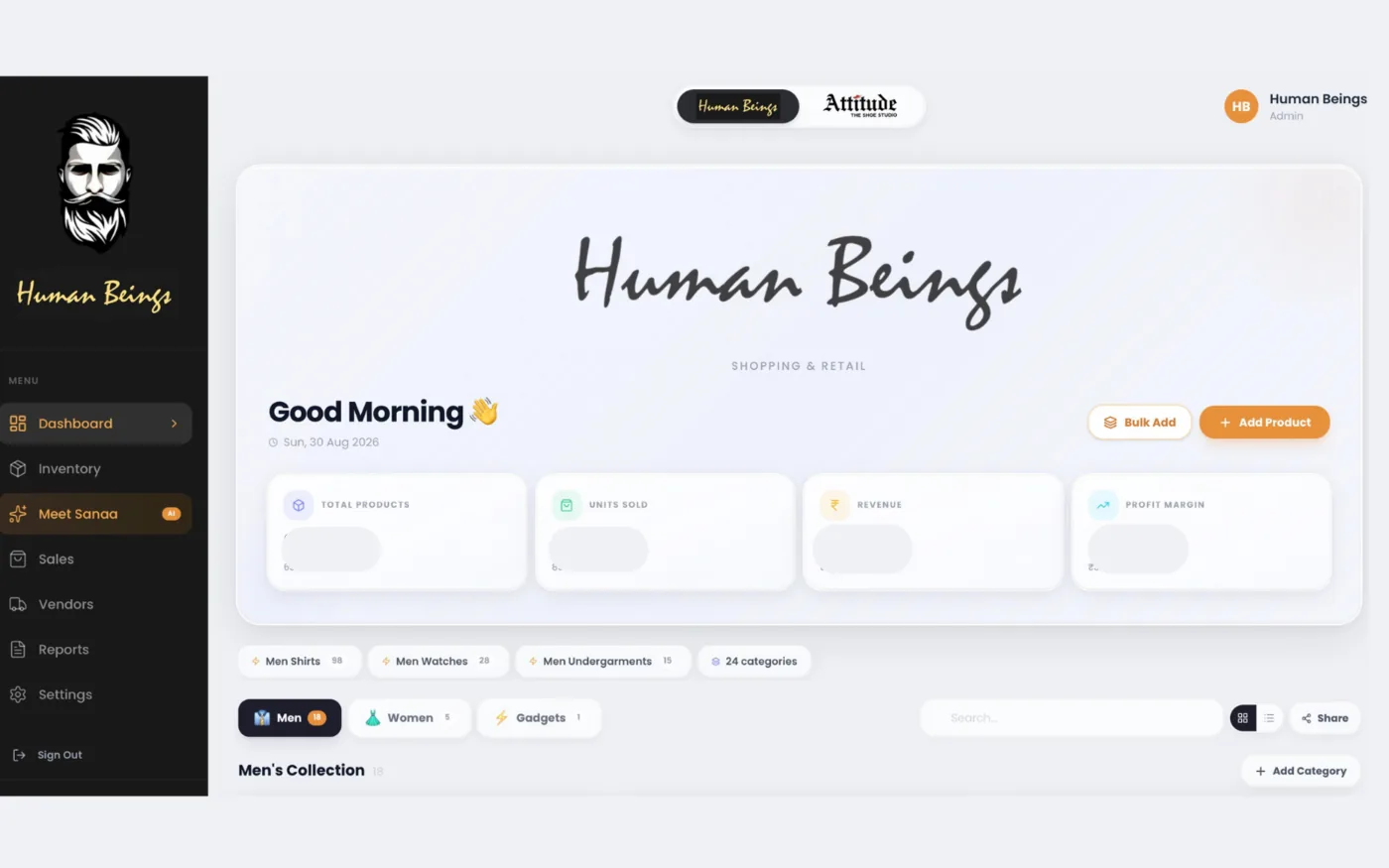 The Human Beings retail dashboard: a dark sidebar listing Dashboard, Inventory, Meet Sanaa, Sales, Vendors, Reports and Settings; a brand switcher toggling between Human Beings and Attitude; four summary cards for total products, units sold, revenue and profit margin, each with its figure obscured; and category and segment filters beneath.