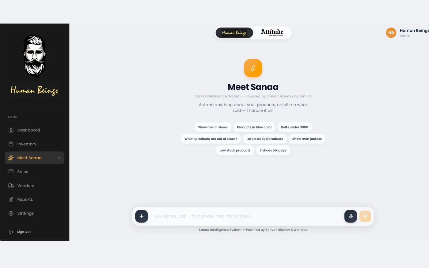 The Meet Sanaa screen: a heading &lsquo;Meet Sanaa&rsquo; over the line &lsquo;Ask me anything about your products, or tell me what sold&rsquo;, a set of suggested prompts including &lsquo;Show me all shoes&rsquo;, &lsquo;Products in blue color&rsquo;, &lsquo;Which products are out of stock?&rsquo; and &lsquo;2 shoes bik gaye&rsquo;, and an input bar reading &lsquo;Ask Sanaa… tap + for a photo, hold mic to speak&rsquo;.