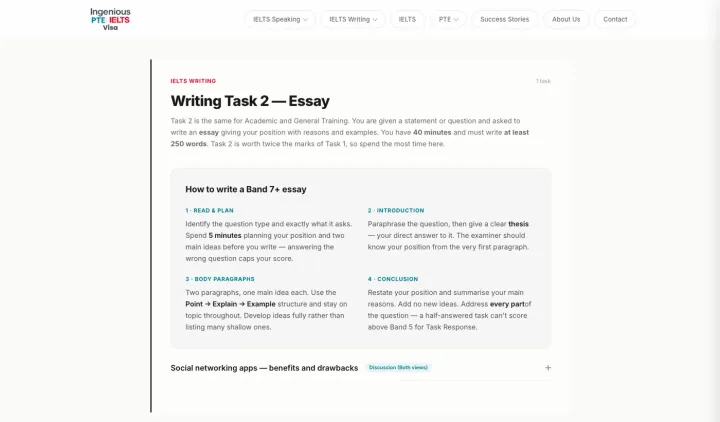 The IELTS Writing Task 2 page: a heading &lsquo;Writing Task 2 — Essay&rsquo;, an intro paragraph, a four-step &lsquo;How to write a Band 7+ essay&rsquo; card, and below it a collapsed accordion row reading &lsquo;Social networking apps — benefits and drawbacks&rsquo; tagged &lsquo;Discussion (Both views)&rsquo; with a plus control to expand.