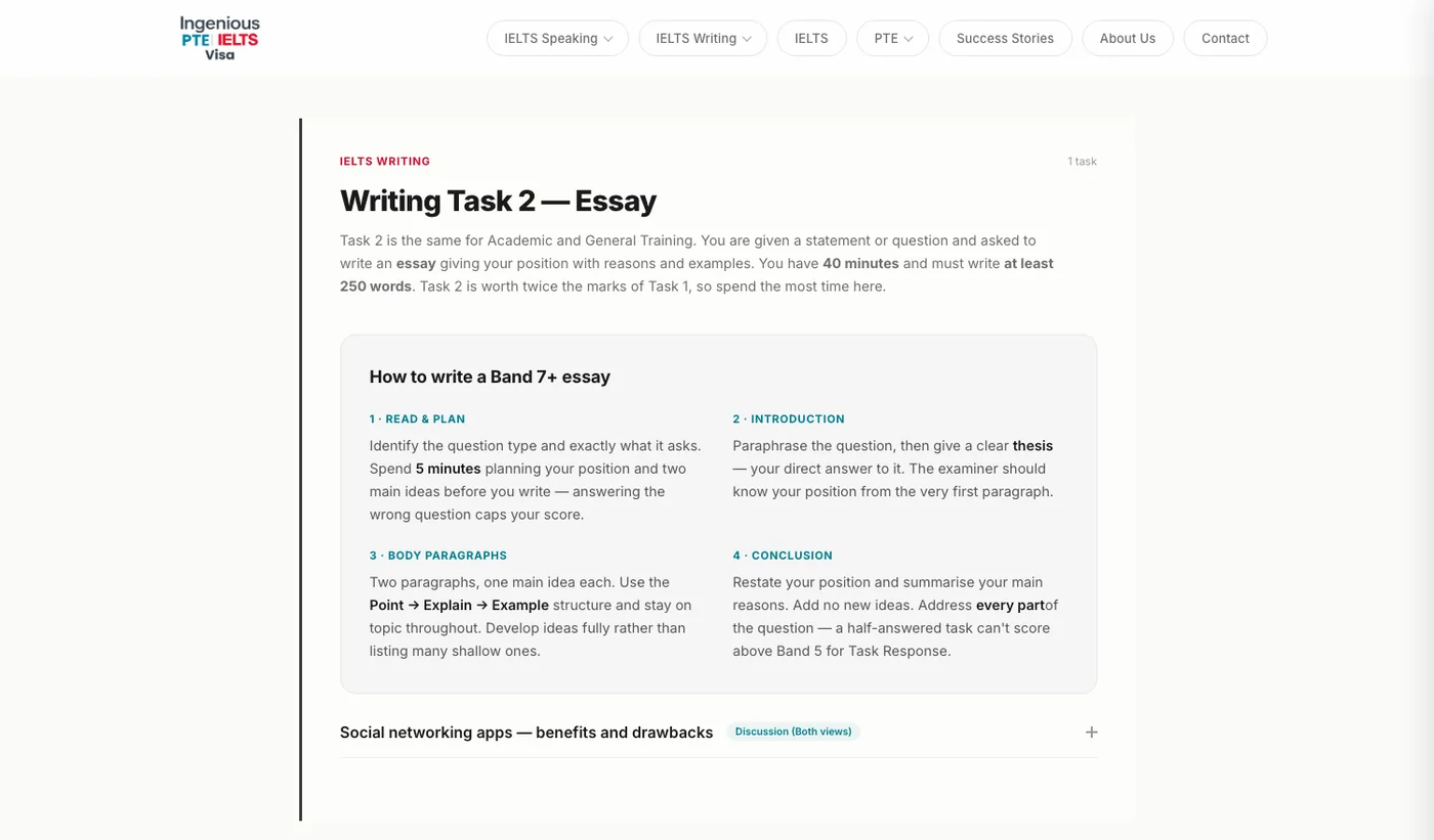 The IELTS Writing Task 2 page: a heading &lsquo;Writing Task 2 — Essay&rsquo;, an intro paragraph, a four-step &lsquo;How to write a Band 7+ essay&rsquo; card, and below it a collapsed accordion row reading &lsquo;Social networking apps — benefits and drawbacks&rsquo; tagged &lsquo;Discussion (Both views)&rsquo; with a plus control to expand.