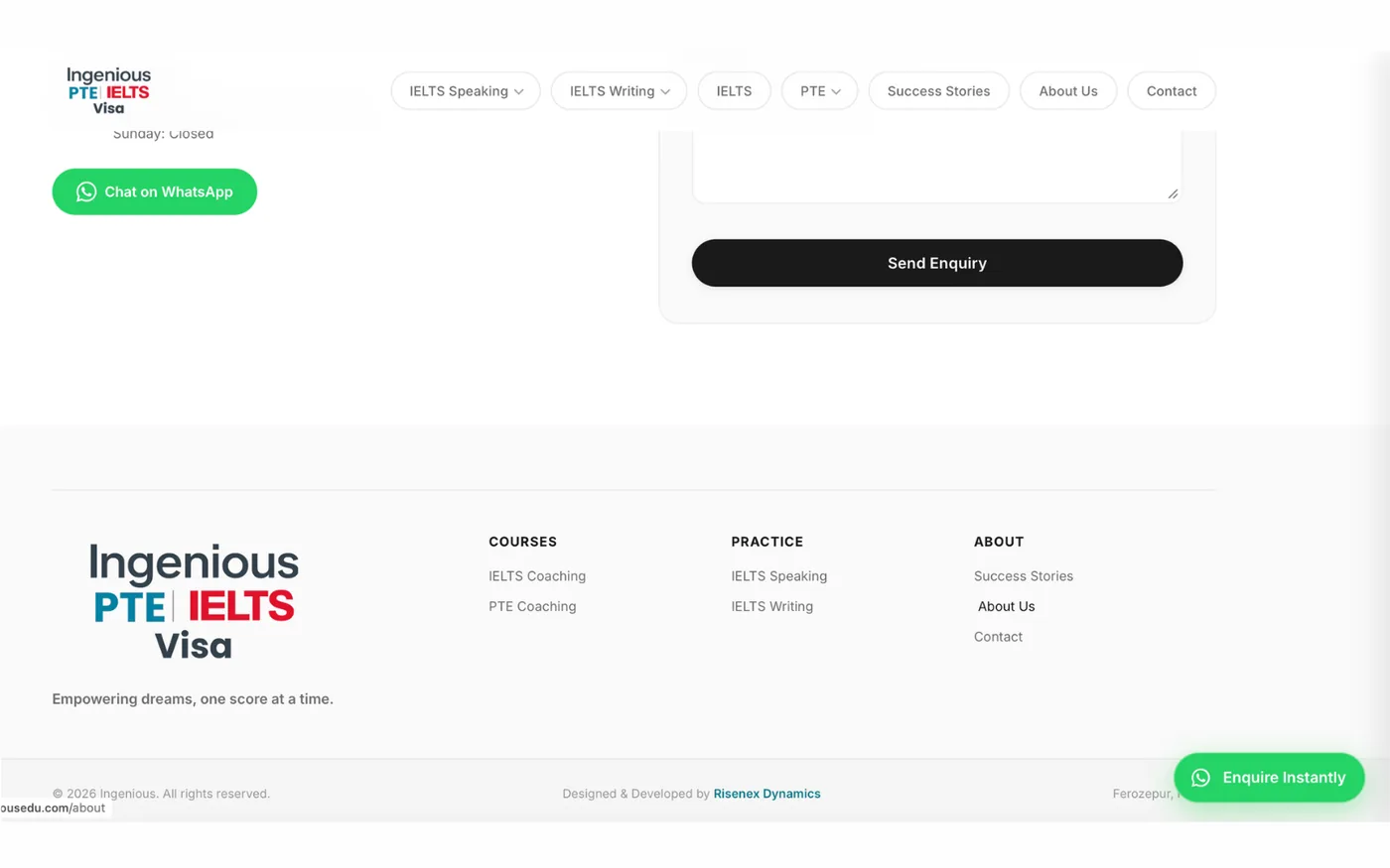 The Ingenious enquiry section and footer: a message field with a Send Enquiry button, a Chat on WhatsApp button, and footer columns for courses, practice material and about links.