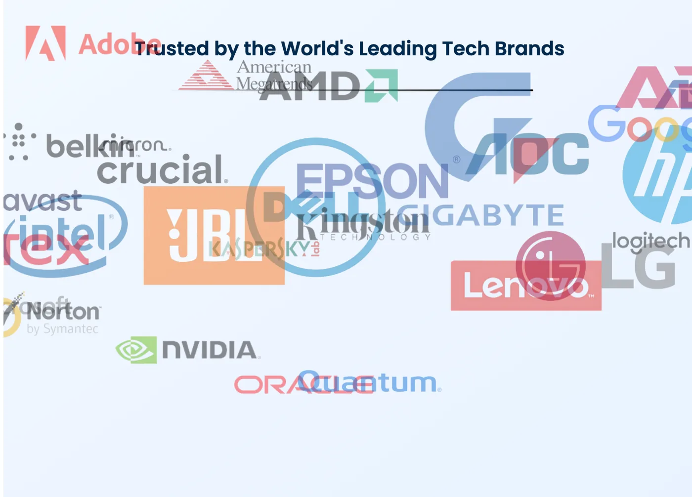 The brand wall caught mid-animation: logos are oversized, semi-transparent and scattered across the section, each still travelling toward its final position.