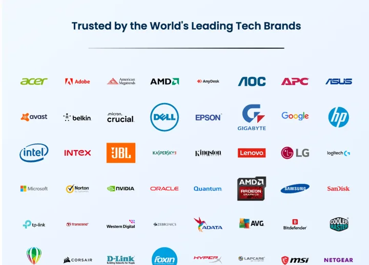 The same brand wall fully settled into an even eight-column grid of sixty-one manufacturer logos under the heading &lsquo;Trusted by the World&rsquo;s Leading Tech Brands&rsquo;.