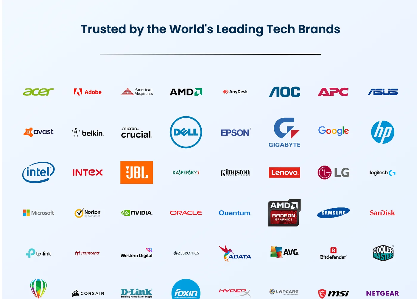 The same brand wall fully settled into an even eight-column grid of sixty-one manufacturer logos under the heading &lsquo;Trusted by the World&rsquo;s Leading Tech Brands&rsquo;.