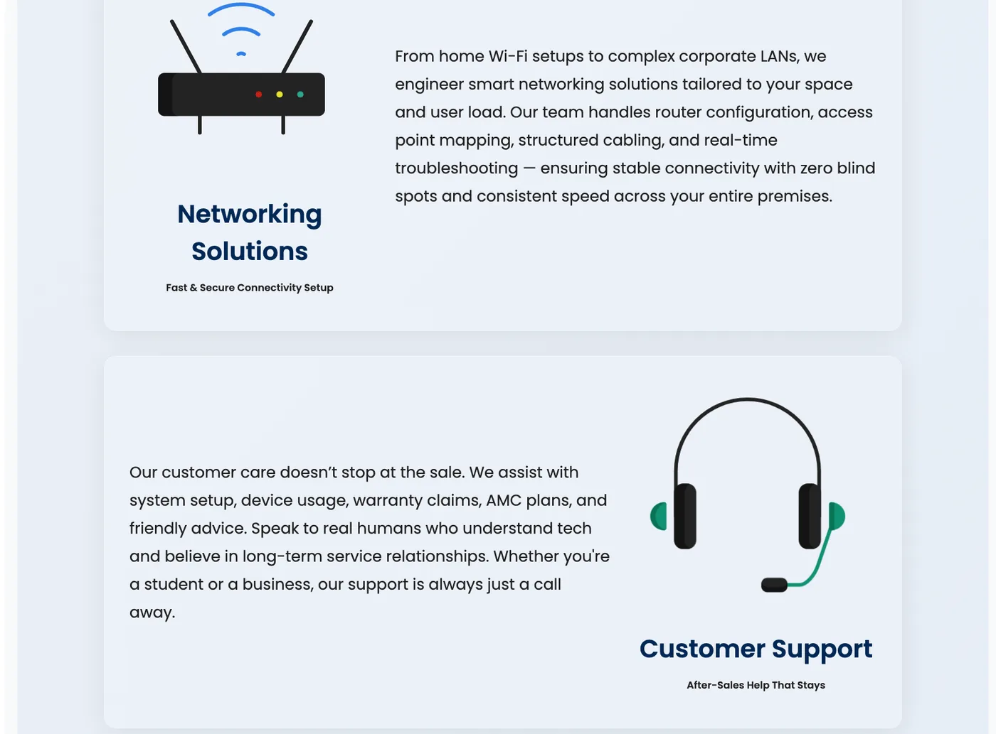 The &lsquo;Devices We Specialize In&rsquo; grid: illustrated cards for laptops, processors, monitors, printers, keyboards, mice and speakers, each with a one-line description and no pricing.