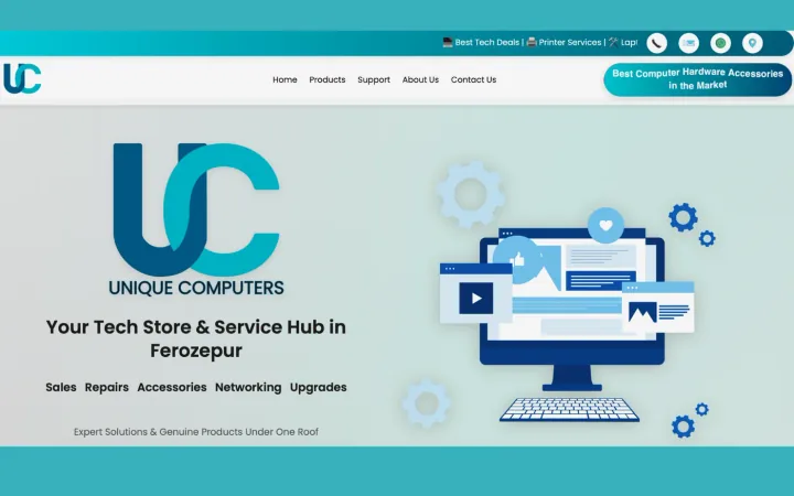 The Unique Computers homepage: the UC logo beside the headline &lsquo;Your Tech Store & Service Hub in Ferozepur&rsquo;, with sales, repairs, accessories, networking and upgrades listed beneath, and call, email, WhatsApp and location shortcuts pinned to the top bar.