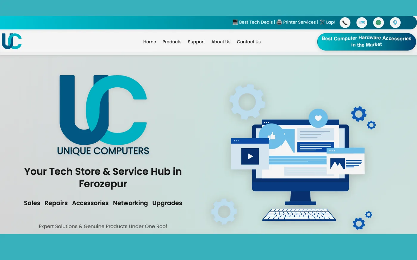 The Unique Computers homepage: the UC logo beside the headline &lsquo;Your Tech Store & Service Hub in Ferozepur&rsquo;, with sales, repairs, accessories, networking and upgrades listed beneath, and call, email, WhatsApp and location shortcuts pinned to the top bar.